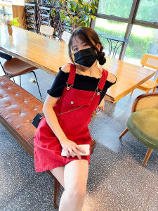 กระโปรงสั้นทรงเอเอวสูงสีแดง กระโปรงเดรสคอวีแขนกุดสำหรับผู้หญิง ทรงเข้ารูป ทรงเข้ารูป กระโปรงสั้นฤดูร้อน ผ้าฝ้ายโพลีเอสเตอร์