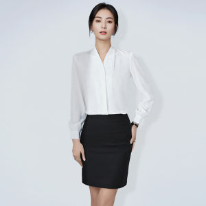 Elegant White Long Sleeve Womens Shirt Spring Autumn Commute Top Professional Formal Satin V-neck Base Layer Button up