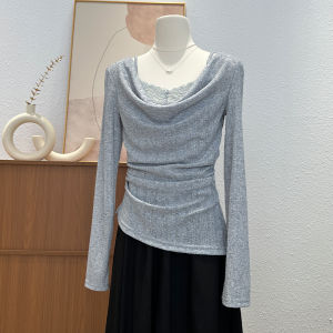 Elegant French Long Sleeve T-Shirt Women Early Spring Fashion Slimming Base Shirt Stylish Fake Two-Piece Top Commute Korean Style