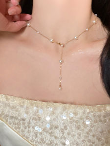 French Vintage Style Pearl Necklace Womens Fashion Jewelry Starry Sky Pendant Light Luxury Clavicle Chain Sweater Chain