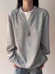 เสื้อยืดแขนยาวสไตล์อเมริกัน ปกโปโล คอวี ชั้นใน ชุดสองชิ้น ผ้าโพลีเอสเตอร์ ทรงหลวม สวมใส่สบาย ระบายอากาศได้ดี