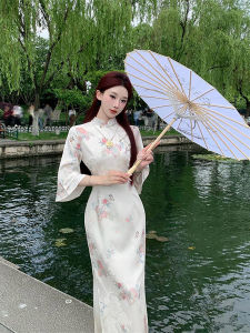 New Chinese Style Gentle Long Qipao Dress Retro Print Soft Sleeveless Womens Fashionable Breathable Polyester Fiber Dress