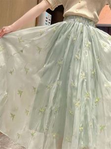 Elegant Embroidered Euro Organza Half Skirt Womens Summer 2024 New Style High Waist Long Skirt for Pear Shaped Body Type