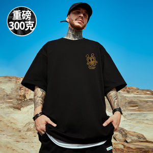 300G Heavy Weight Trendy Loose Weight-Catcher Half Sleeve T-shirt Short Sleeve Half Sleeve Pure Cotton Black plus Size XL Mens