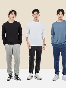 GIORDANO Nam Áo thun 2 chiếc màu trơn đơn giản cơ bản cổ tròn tay dài 100% cotton thời trang thường ngày 18023811