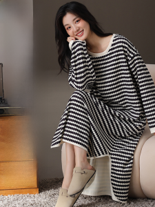 MiiOW | Womens Long Sleeve Sleepwear Dress Mid-Length Home Clothes Cat Person Velvet Winter Comfortable Loose Striped Nightgown