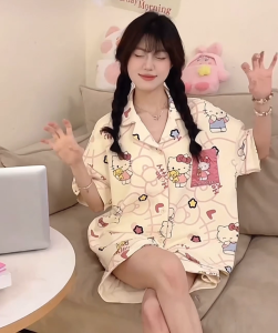 Silky Pajama Set  Short Sleeve and Shorts Cooling Set for Women New Kitty Pajamas with a chest pad