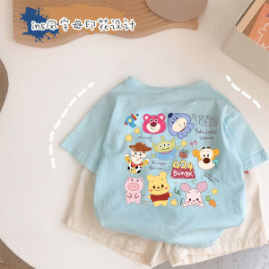 เสื้อยืดแขนสั้นผ้าฝ้ายแท้สำหรับเด็กชายและเด็กหญิง ลายหมีการ์ตูนสไตล์เกาหลี ทรงหลวม แฟชั่นฤดูร้อน คอกลม