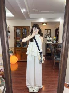 XUECAIQI | Sweet White Sleeveless Tank Top and Wide Leg Pants Set