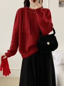 Elegant Red Knitted Sweater round Neck Tie Design Loose Fit Womens Fashion Spring Autumn New Arrival Comfortable Polyester