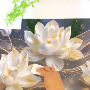 HIASAN DINDING 4 IN 1 SET BUNGA 3D MINIMALIS WALLDECOR ABSTRAK WHITE FLOWERS PAJANGAN RUMAH KAYU