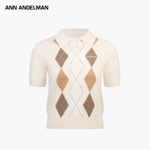 ANN ANDELMAN | Polo Collar Rhombic Knit Short Sleeve Stand Collar Women T-Shirt