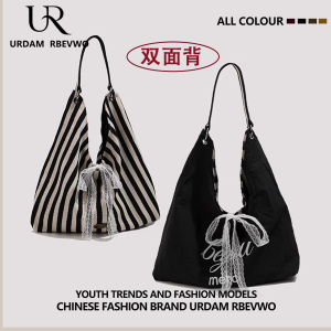 Trendy Letter Print Canvas Tote Bag Womens Summer 2025 Double-Sided Single-Shoulder Student Class Bag Stripe Pattern Handbag