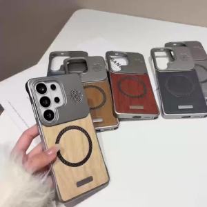 Wood Grain Leather PC Frameless Magnetic Case for Magsafe Samsung Galaxy S26 Ultra S25 Plus S24 FE A56 A55 A57 A37 Phone Cover