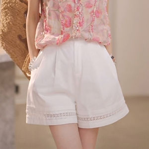 Shalldoer | White Lace Splicing Short Pants Womens Summer New Elastic Waist Wide Leg Casual Pants Fashionable Age Reduction Versatile A-Line