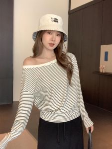 Classic Stylish Stripe Long Sleeve T-Shirt Womens Loose Base Layer Top Sweet And Spicy Korean Style Autumn Season Cotton Blend