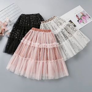 EASY WEARHOUSE Girls Teenage Elastic Waist Corduroy Flowery Mesh Skirt Floral Tutu Skirt