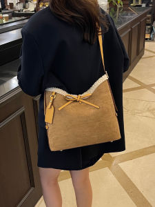 Spring Summer Vintage Lamb Fur Tote Bag Womens New Fashion Butterfly Knot Bucket Bag Single Shoulder Slant Cross Bag