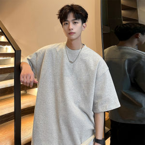 Light Grey Heavyweight Mens T-shirt Summer Trendy American Retro Short Sleeve round Neck Cotton Pure Fit Casual Top