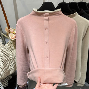 High Quality Color Block Half High Collar Single Button Womens Loose Double Sided Velvet Sweatshirt Base Shirt for Autumn Winter