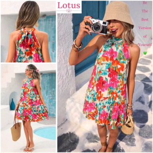 Lotus Đầm Babydoll Cổ Yếm in Hoa 3D Đẹp Đi Chơi Chụp Hình Đầm Yếm Form Rộng Váy Maxi Đi Biển Đầm Dáng Suông Mặc Nhà
