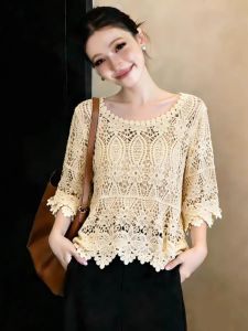 Sleeve Knitted Sun Protection Blouse Summer Design Lace Hollow Outwear