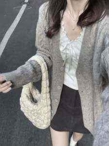 Gray Lazy Style V-Neck Twisted Knit Open Cardigan Womens Loose Mid-Length Sweater Jacket Korean Version Button Embroidery Long Sleeve