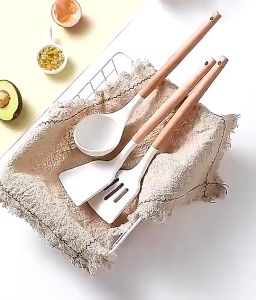 3Pcs Wooden Handle Slotted White Color Non-Stick Food Grade Silicone Kitchen Utensils