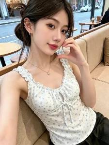 La Chapelle | Floral Sweet Design Wood Ear Decor Summer Slim Fit Tank Top