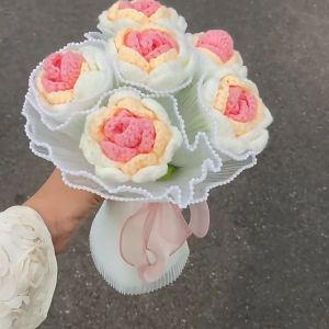 【Clearance Sale】Cute Flower Hand Woven Flower Rose Artificial Crochet Flower Bouquet Finished Product Children Day Gift/Christmas Gift/Graduation Gift/Birthday Gifts Bouquet Girlfriend Women Girls Corporate Employee Gifts Support Wholesale