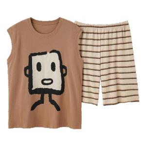 miiow | Mens Summer Thin Pure Cotton Sleepwear Vest Loose Sleeveless Home Outdoor Wearable Set Cute Cartoon Style Round Neck Short Sleeve