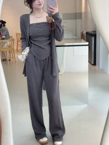 Elegant Pure Color Fashion Set Womens Knitted Crop Top Wide Leg Pants Three Piece Suit Autumn Outfit V Neck Long Sleeve