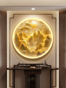 New Chinese Style Entrance Decorative Painting with Light Mountain Water Landscape Corridor End Hanging Artwork round Metal Framed