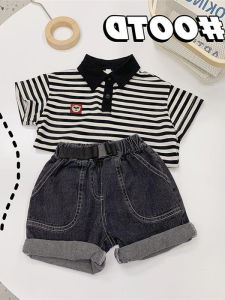 Boys Summer Polo Shirt And Denim Shorts Set Stripe Pattern Breathable Cotton Two-Piece Outfit for School And Gift Giving