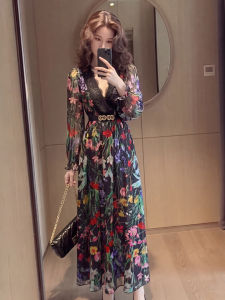 YIKEMAI | Floral Print French Garden Style Long Sleeve V-neck Waist-accentuating Slimming Summer Maxi Dress