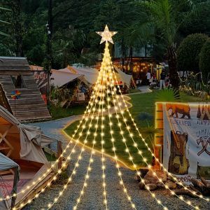 ไฟน้ำตกดาวคริสต์มาส LED ใช้พลังงานจาก USB 8 โหมดแสงสว่างพร้อมรีโมท | เหมาะสำหรับตกแต่งคริสต์มาสในร่ม/กลางแจ้ง งานปาร์ตี้ และตกแต่งบ้าน