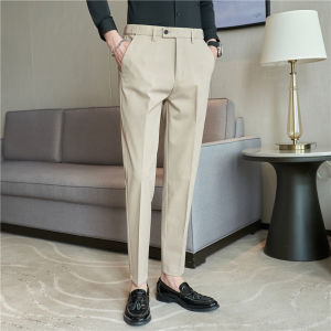 Casual Fleece Lined Thickened Slim Fit Mens Business Suit Pants Autumn Winter Fashion City Style Polyester Blend Long Trousers