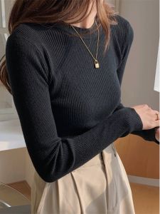 chaqi | Slim Fit Knitted Base Shirt Womens Long Sleeve Round Neck Tight Body T-Shirt Black Top For Autumn Winter Underwear