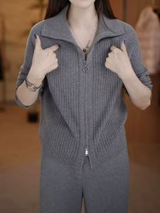 Elegant Grey Stand Collar Knitted Sweater Womens Autumn Winter New Style Korean Double Zipper Loose Anti-aging Cashmere Base Coat