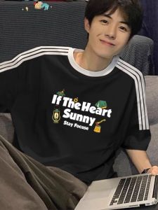 Pure Cotton Short Sleeve T-Shirt Mens Loose Fit Summer Teenage Brand Fashion Breathable round Neck Print Top