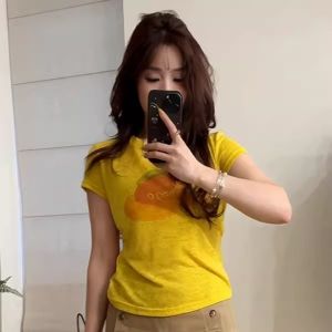 Áo Thun Nữ Tay Ngắn Mùa Hè in Họa Tiết Cổ Tròn Ôm Vừa Vặn Phong Cách Công Sở Đa Năng Thời Trang Thường Ngày