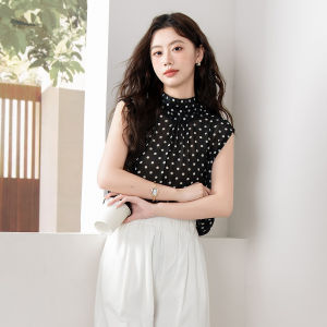 BALENO | Sleeveless V-Neck Reversible Fashion Polka Dot Chiffon French Style Shirt