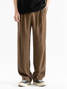 Drape Casual Suit Pants Men Summer Thin Ice Silk Loose Draping Effect Brown Fancy Straight-leg Long Pants