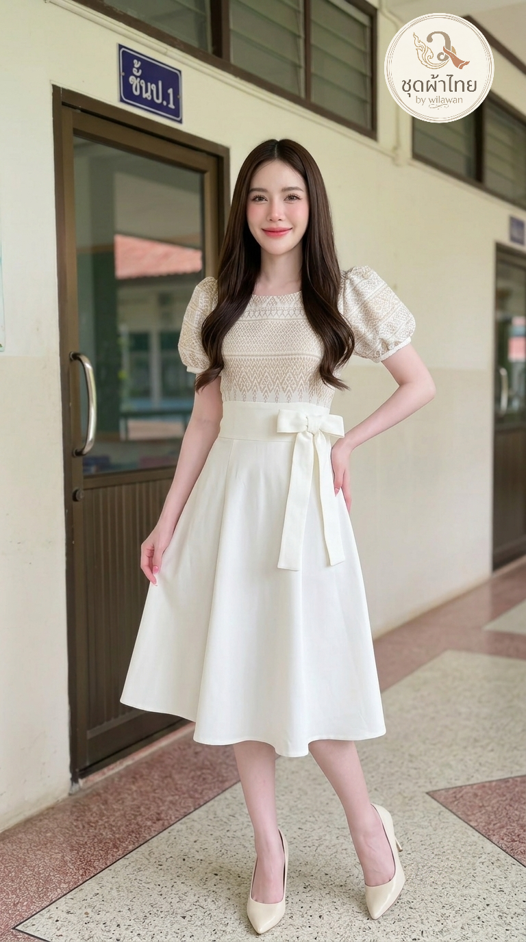 เดรสผ้าไทยหมักโคลนลายพิมพ์ สีดำ ทรงเจ้าหญิง แขนตุ๊กตา โบว์เอว ผ้าฝ้ายพรีเมี่ยม สีไม่ตก รีดง่าย มุมมองที่ 6