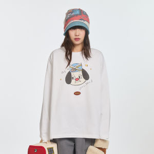 TIPSEVEN Original Design Casual Streetwear Cartoon Dog Pattern Loose Long Sleeve T-Shirt Spring 2025 Womens Fashion Cotton