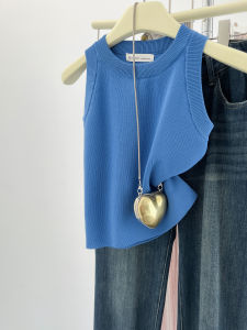 สีฟ้ารอบคอถักเสื้อกั๊กผู้หญิงฤดูร้อนออกแบบ Chic ที่ไม่ซ้ํากันแขนสั้น TOP CASHMERE Pullover เสื้อผ้าทํางาน