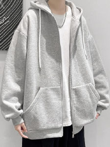 Pure Cotton Heavyweight American Retro Spring Autumn Open Cardigan Jacket Mens Fleece Lined Casual Loose Hooded Long Sleeve Sweatshirt