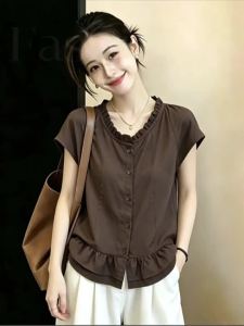 AIYITI | Vintage French Coffee Color Short Sleeve Shirt