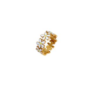 Dripping Oil Hand-made White Daisy Flower  Gold Ring • Waterproof Non-Fade Tarnish • 18K Gold Plated 316L Stainless Titanium Steel Rings For Women RG374