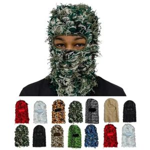 Full Face Cover Ski Mask Hat Balaclava Distressed Knitted Beanie Camouflage Men Hat Women Winter Warm Windproof Bicycle Neck Hat